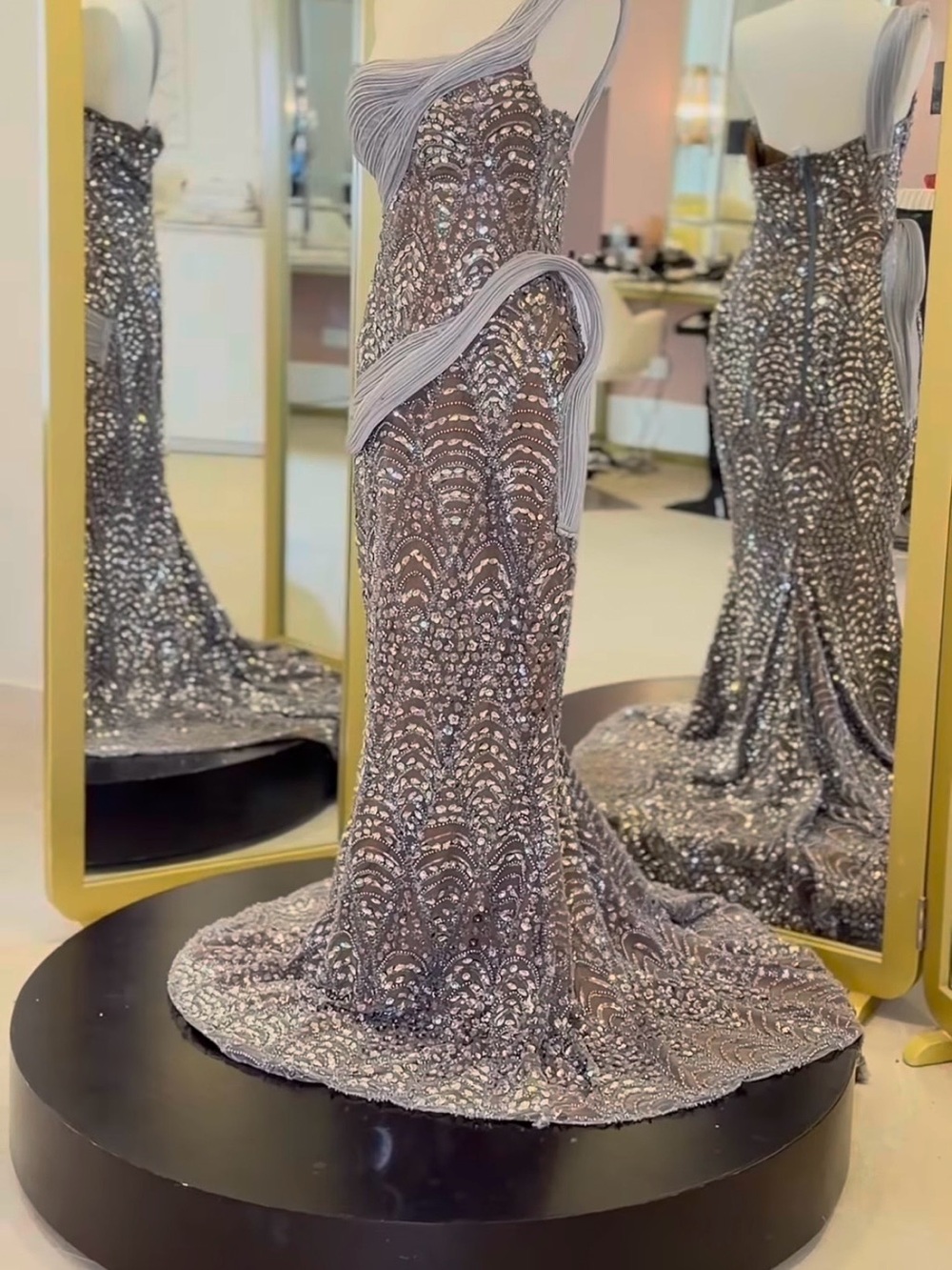 Silver Sequin One-Shoulder Evening Gown